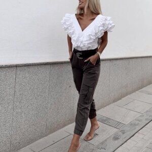 ZARA White Pleated Ruffle V-Neck Top Size XS